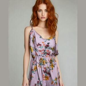 Fairycore lavender romantic floral dress. Rouched flowy SZ large whimsical